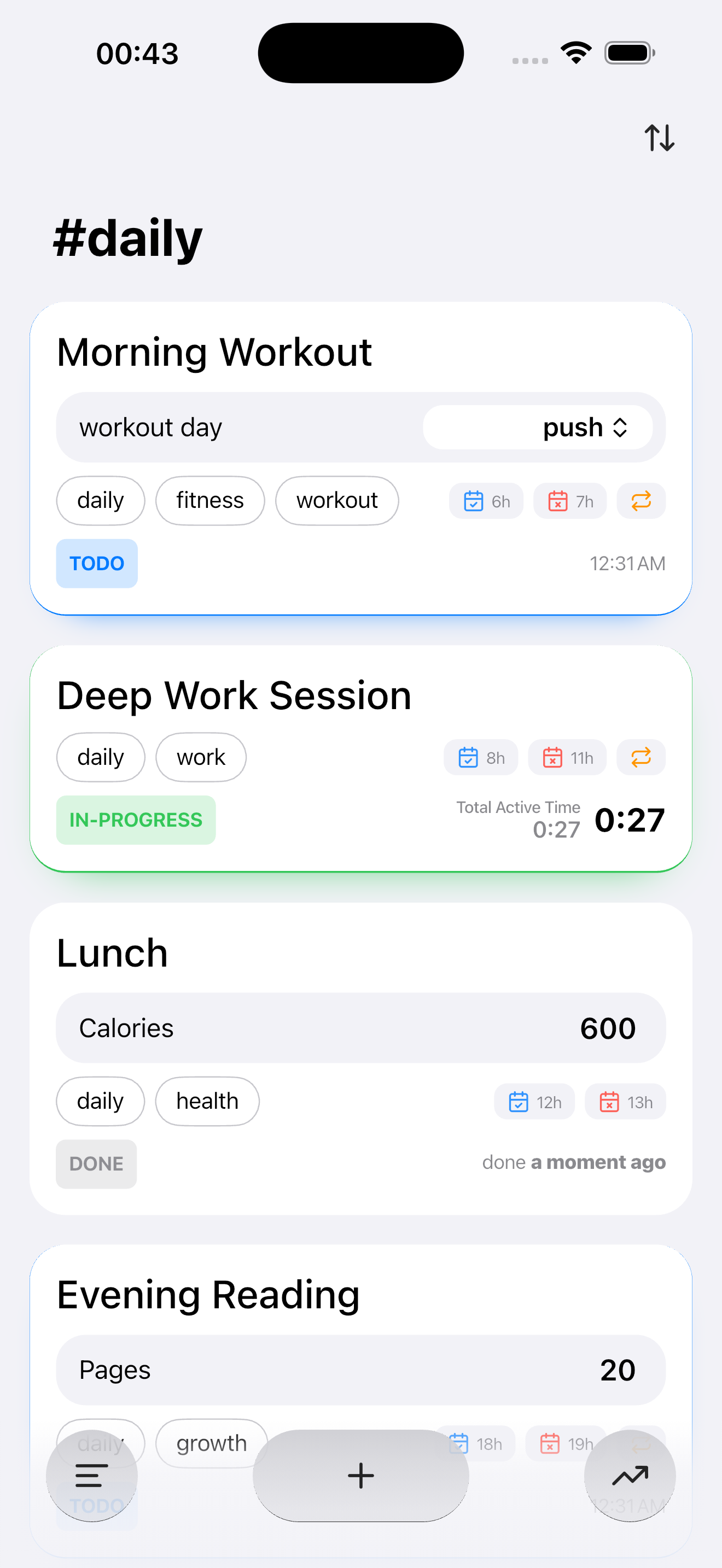 To-Track on iPhone — #daily list with Morning Workout (TODO), Deep Work Session (IN-PROGRESS, 0:27 active time), Lunch (DONE, 600 calories), and Evening Reading (20 pages).